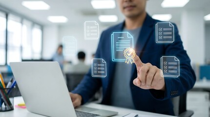 Fototapeta premium A businessman interacts with holographic document interfaces seemingly approving or authenticating files using a digital touchpoint high quality professional detailed modern elegant