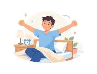 Fototapeta premium Man stretching in bed with alarm clock and lamp, flat vector illustration
