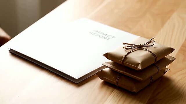 Wide shot of packages sitting on a table near a report or Wide shot of hands near packages and a report on a table