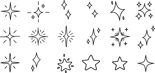 Sparkle Icon Set Featuring Minimalist Stars Twinkle Graphics Shining Light Elements and Glitter Symbols for Magic Celebration and Decorative Design © jamiul