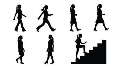 Fototapeta premium Silhouettes of women walking and climbing stairs woman