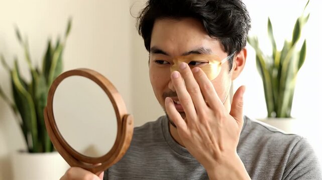 Smiling Asian Man Applying Golden Eye Patches Looks in Round Mirror for Skincare at Home in Natural Lighting