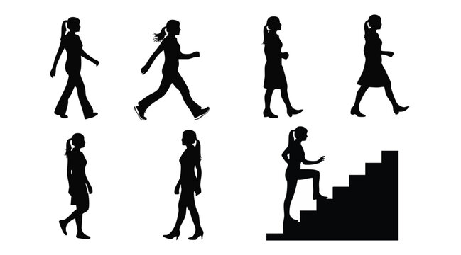 Silhouettes of women walking and climbing stairs woman