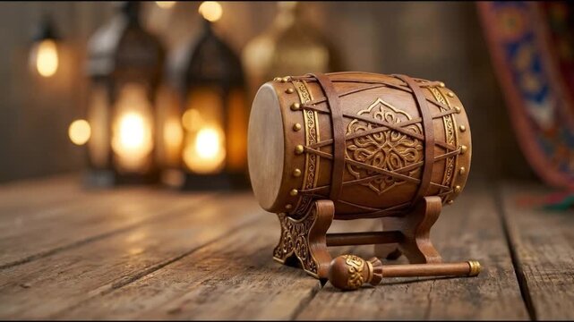 Traditional carved wooden drum and mallet on table with warm bokeh lantern background for Ramadan and Eid Islamic celebration