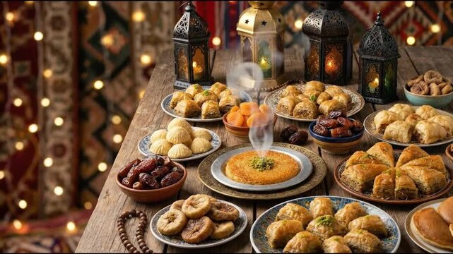 Traditional Ramadan Iftar table setting with assorted Arabic sweets dates and lanterns