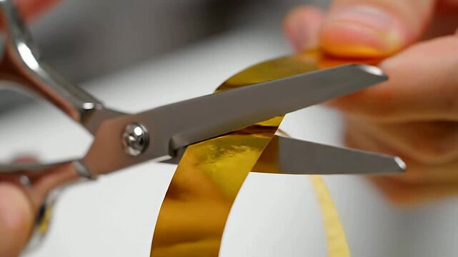 Close up of scissors cutting gold ribbon on table or Close up of hand using scissors to cut shiny tape on white table
