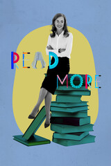 Naklejka premium Pop image sketch 3d collage poster of happy girl guy stand book stack library education bookworm hobby university student learner