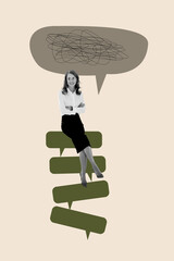 Creative banner collage of person sit speech bubble messy letter on pastel color background