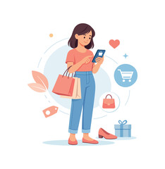 Fototapeta premium Woman shopping online with smartphone and bags, flat vector illustration