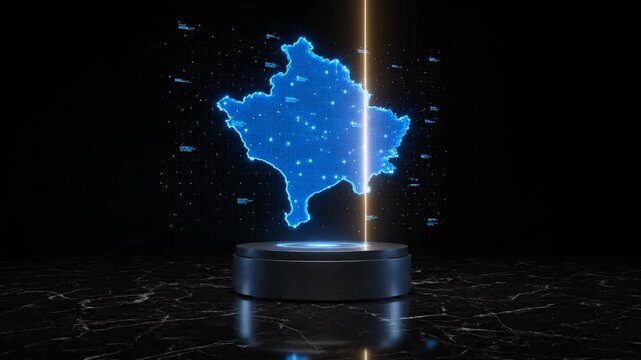 A futuristic digital visualization of the map of Kosovo is projected in bright blue neon atop a black pedestal. A golden laser beam pulses vertically through the glowing map, highlighting a connected