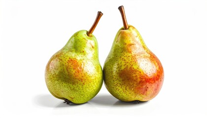 Two ripe pears side-by-side, standing still in perfect focus, white background