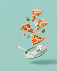 Delicious pepperoni pizza slices flying onto a plate with knife and fork