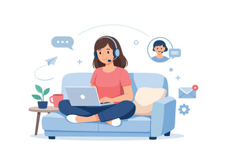 Woman with headset using laptop on couch, flat vector illustration
