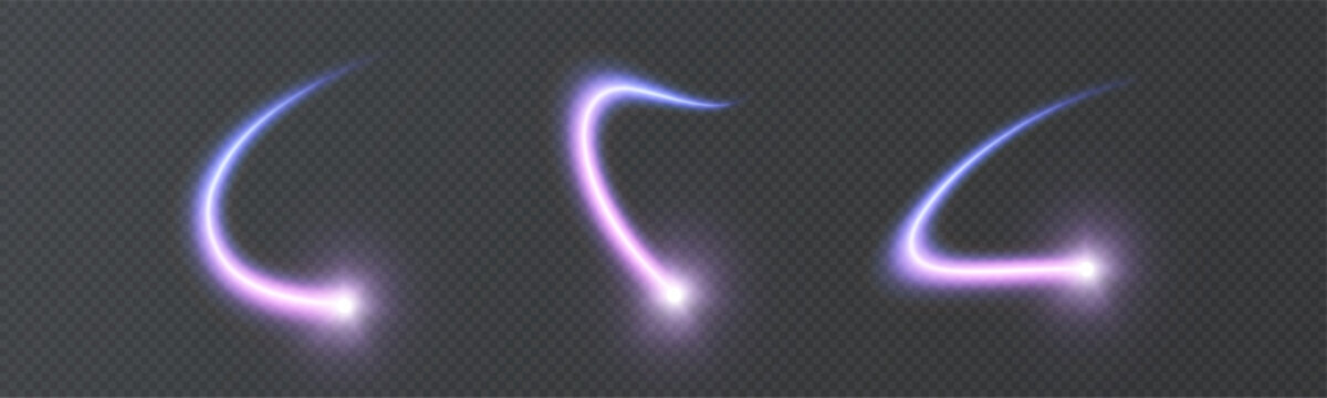 Glowing purple streams of light, bright comets. Energetic vortex trails for animation, visual effects in games, magical and wizardry effects, as well as interface elements.