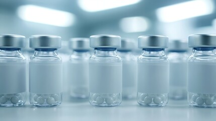 Rows of standardized medical vials shimmering under bright laboratory lighting