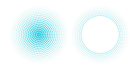 Dotted simple blue gradient halftone effect spots set. Isolated vector dotted circles technology design elements abstract
