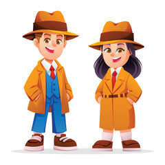 Two young children wearing detective trench coats and hats standing together. Vector cartoon character illustration