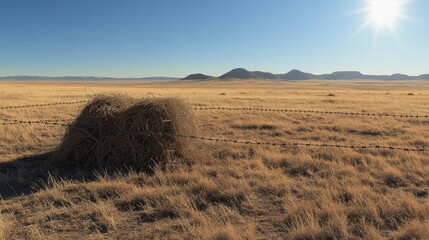Fototapeta premium Dry tumbleweeds caught in barbed wire in an arid landscape under a clear blue sky