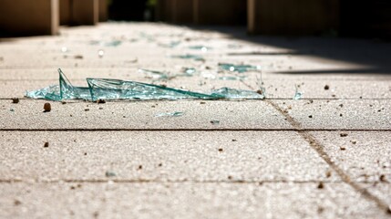 Naklejka premium Shattered glass shards and debris scattered across a textured concrete outdoor walkway with sunlight casting shadows