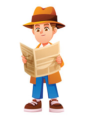 Focused boy detective reading a large newspaper to find hidden clues and news. Vector cartoon character illustration