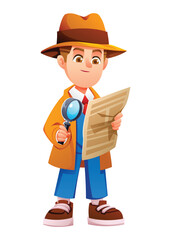 Smart boy detective holding a magnifying glass while reading a daily newspaper. Vector cartoon character illustration