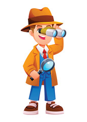 Little boy detective looking through binoculars and holding a magnifying glass tool. Vector cartoon character illustration