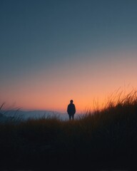 Traveler Stands Alone in Wide Open Space at Sunset With Silhouette Against Colorful Sky and Grass in Nature