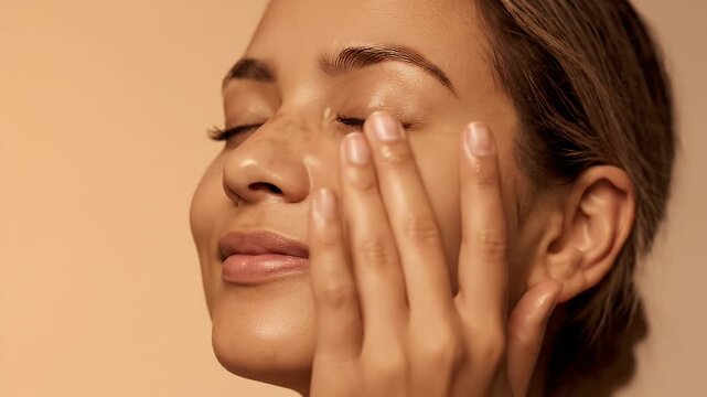 Woman Applying Skincare Serum to Face Under Warm Lighting for Skincare Routine Advertisement Campaign Close-Up with