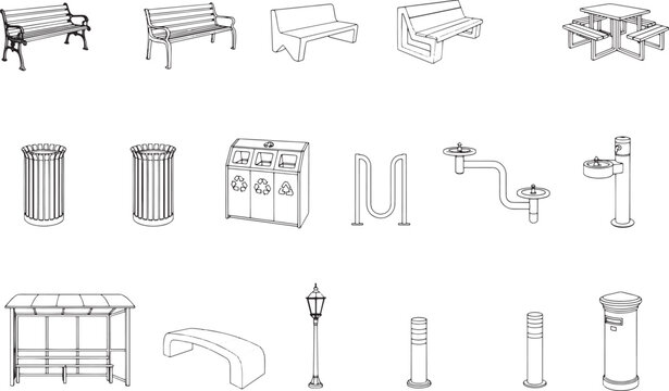A detailed, line art illustration showcases various pieces of public outdoor furniture, presenting a comprehensive set of design elements for urban landscapes.