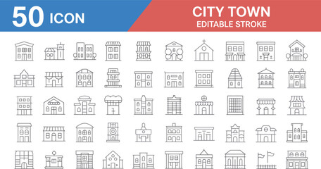 A set of 50 city and town building icons with editable strokes, featuring diverse structures like homes, shops, and public buildings isolated on white background