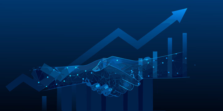 Digital handshake with rising graph symbolizing partnership and technological growth
