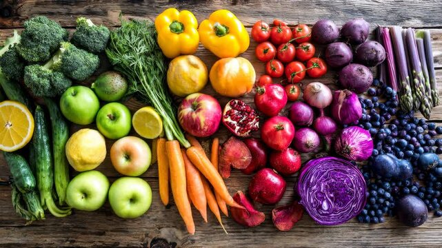 egetable and fruit for healthy food in an organic nutrition layout. This fresh grocery diet concept features colorful ingredients for a balanced meal and wellness lifestyle in 4k.