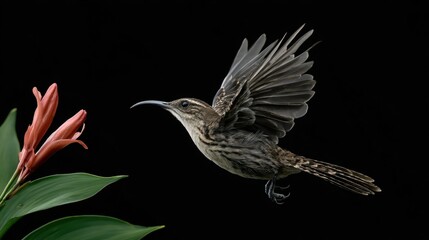 Obraz premium Hummingbird in Flight Near Tropical Flower with Dark Background