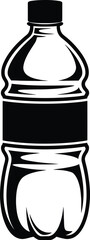 Black and white vector illustration of a plastic water bottle with a screw cap and blank label isolated on white background