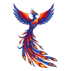 Obraz premium Vibrant Phoenix Bird Illustration. Mythical firebird with colorful spread wings and flowing tail feathers, isolated on white.