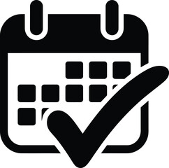 Black calendar icon with a checkmark representing confirmed schedule or completed task isolated on white background