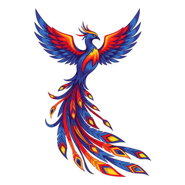Vibrant Phoenix Bird Illustration. Mythical firebird with colorful spread wings and flowing tail feathers, isolated on white.