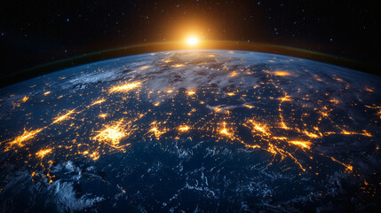 Obraz premium Stunning View of Earth from Space with City Lights and Sunrise