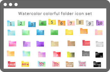 水彩風カラフルフォルダーアイコンフレームセット 透過背景　手描き風　広告　Webデザイン　テンプレート　数字　チラシ　ポスター