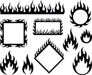 Collection of black flame borders, frames, and individual fiery elements for graphic design projects isolated on white background