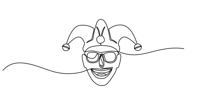 Animated self drawing of   Continuous one line drawing of  Colorful Circus Festival Vector , Masks and Party Elements, Bright carnival character with joker hat, glasses, mustache, 