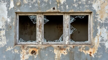 A weathered wooden window frame with shattered glass panes creating gaping holes in an abandoned structure