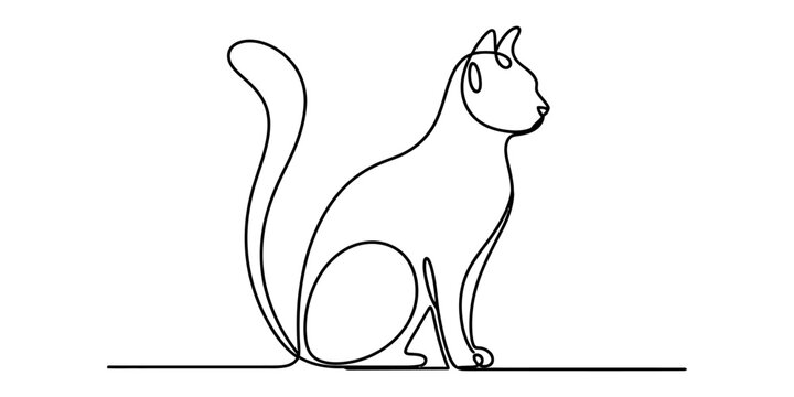 A simple continuous line art drawing of a cat sitting gracefully and looking to the side