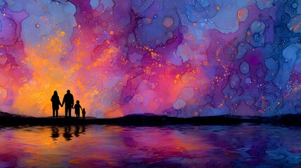 Fototapeta premium A silhouette of a couple walking along the orange coast at dusk where the sun meets the water of the beach, lake, and river under a cloudy summer sky