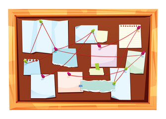 Corkboard with pinned notes and red string linking clues for a police mystery case. Vector cartoon illustration