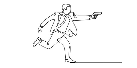 Obraz premium A continuous single line art drawing of a running man in a suit holding a gun, a concept of action.