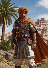 Obraz premium Desert warrior traveler in a traditional orange turban and ornate clothing standing before an ancient oasis city