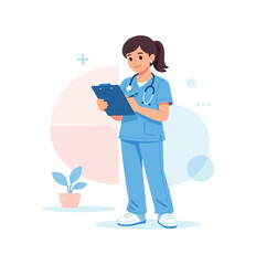 Nurse in blue scrubs holding clipboard, flat vector illustration