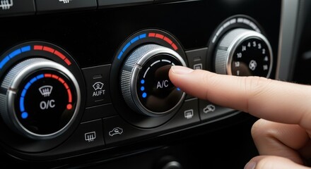 Human finger adjusts the climate control system settings inside a modern automobile