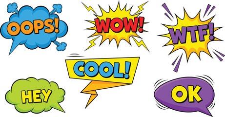 Set of colorful pop art comic book speech bubbles with expressions including Oops Wow WTF Cool Hey and OK flat vector illustration. © MstRozinaAkter